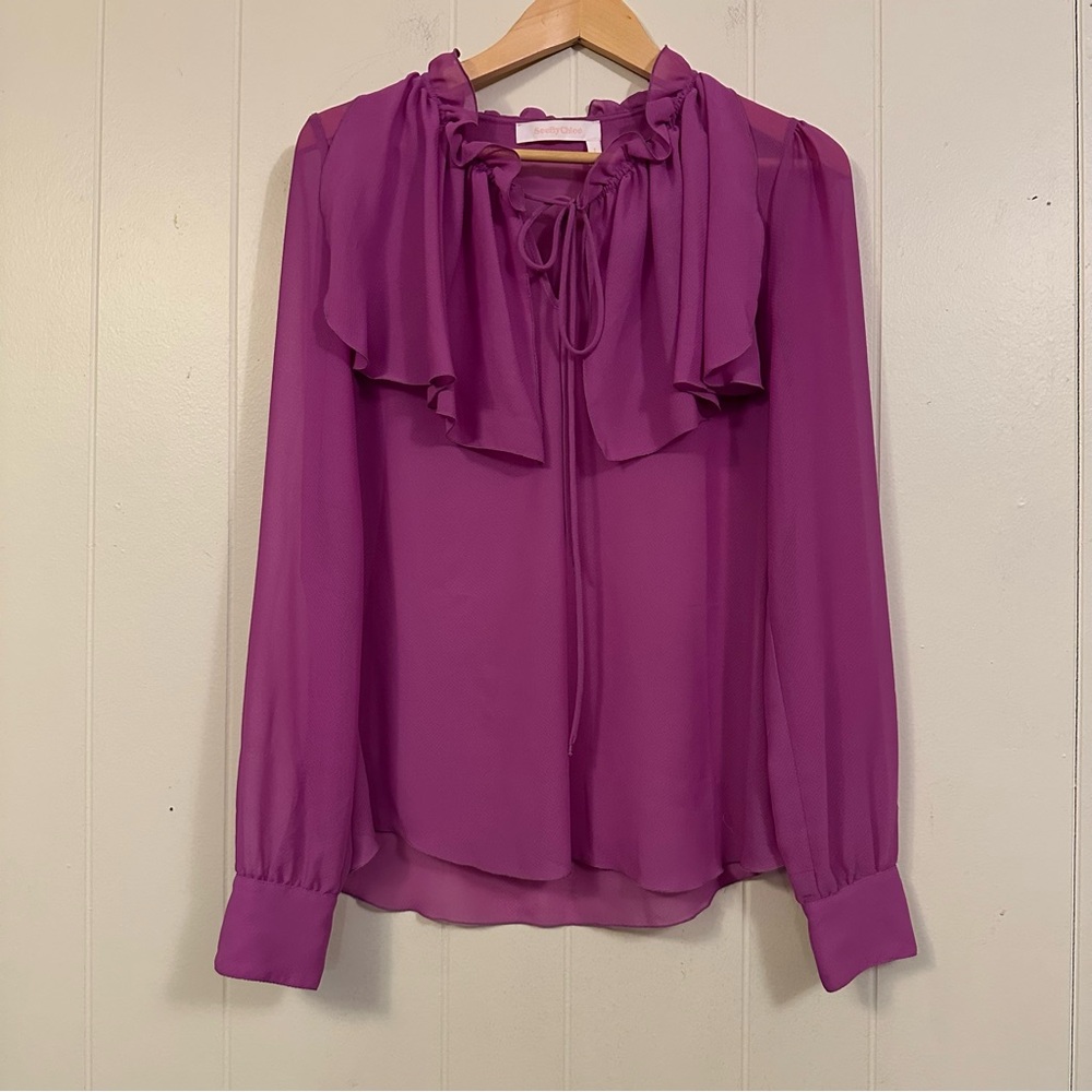 See by Chloe Ruffle Tie-Neck Blouse in Magenta Medium